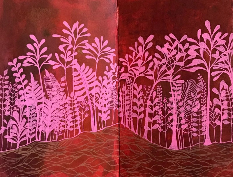 A painting of trees and bushes in pink.