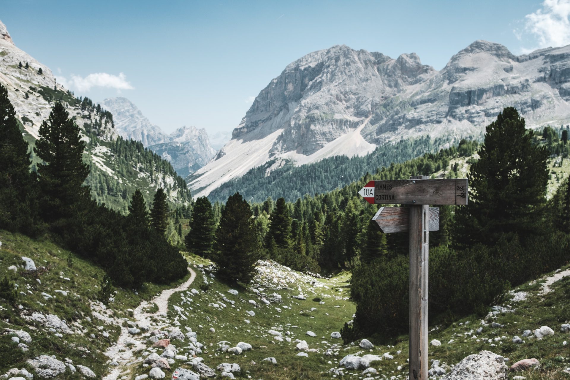 A trail sign in the middle of a mountain