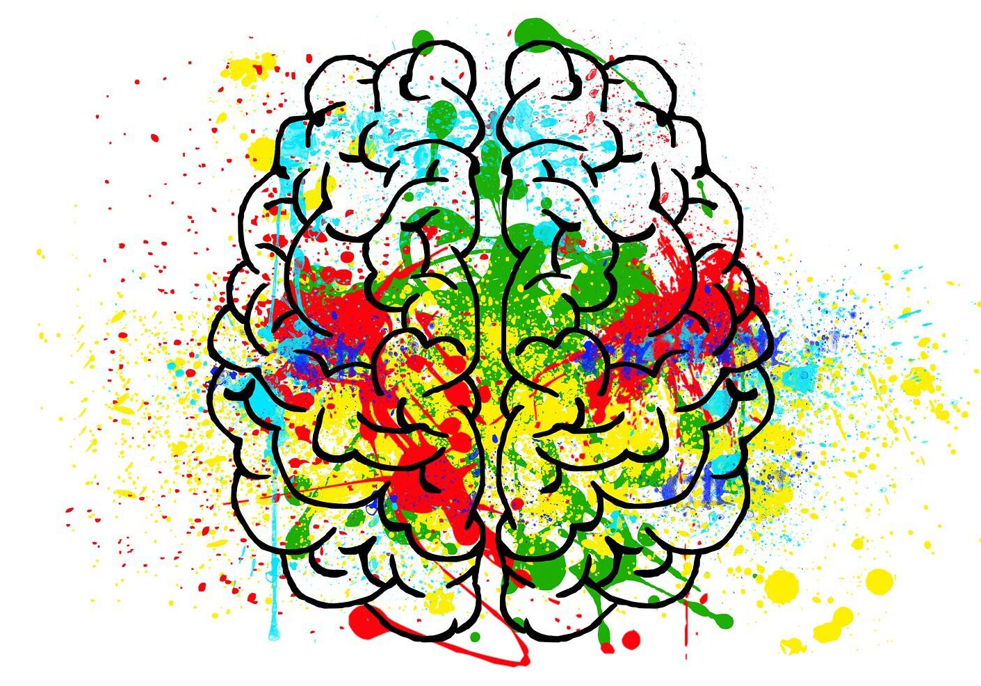 A drawing of a colorful brain with paint splashing all over it.